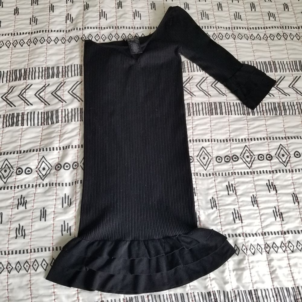 Bebe Black Ribbed Ruffle Detail One Shoulder Mini Dress Stretchy
